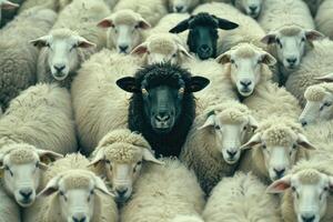 Black sheep standing out among white sheep photo