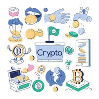 A doodle vector showcasing various elements of crypto investment and blockchain trends