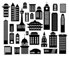 Landscape set of buildings silhouetted on white background. A black outline of low-rise and high-rise complexes and skyscrapers. Structural constructions placed urban objects vector