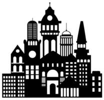 Landscape set of buildings silhouetted on white background. A black outline of low-rise and high-rise complexes and skyscrapers. Structural constructions placed urban objects vector