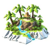 3D isometric low poly of a tropical island with the river, graced with minimalist low-polygon trees. illustration is a creative toolkit for designing in a distinctive style vector