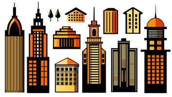 Landscape set of buildings silhouetted on white background. A black outline of low-rise and high-rise complexes and skyscrapers. Structural constructions placed urban objects vector