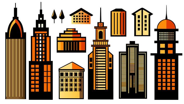 Landscape set of buildings silhouetted on white background. A black outline of low-rise and high-rise complexes and skyscrapers. Structural constructions placed urban objects