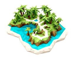 3D isometric low poly of a tropical island with the river, graced with minimalist low-polygon trees. illustration is a creative toolkit for designing in a distinctive style vector