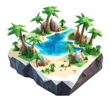 3D isometric low poly of a tropical island with the river, graced with minimalist low-polygon trees. illustration is a creative toolkit for designing in a distinctive style vector