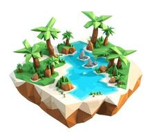 3D isometric low poly of a tropical island with the river, graced with minimalist low-polygon trees. illustration is a creative toolkit for designing in a distinctive style vector