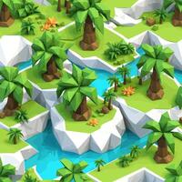 3D isometric low poly of a tropical island with the river, graced with minimalist low-polygon trees. illustration is a creative toolkit for designing in a distinctive style vector