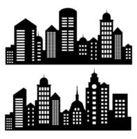 Landscape set of buildings silhouetted on white background. A black outline of low-rise and high-rise complexes and skyscrapers. Structural constructions placed urban objects vector