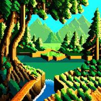 Landscape city beach 8-bit pixel art. Abstract Summer natural landscape urban scenery arcade game background vector