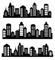 Landscape set of buildings silhouetted on white background. A black outline of low-rise and high-rise complexes and skyscrapers. Structural constructions placed urban objects vector