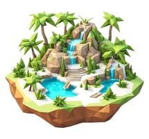 3D isometric low poly of a tropical island with the river, graced with minimalist low-polygon trees. illustration is a creative toolkit for designing in a distinctive style vector