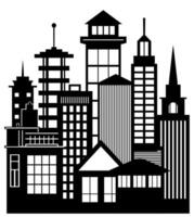 Landscape set of buildings silhouetted on white background. A black outline of low-rise and high-rise complexes and skyscrapers. Structural constructions placed urban objects vector