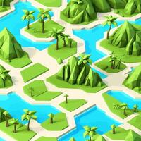 3d isométrica bajo escuela politécnica de un tropical isla con el río, agraciado con minimalista polígono bajo arboles ilustración es un creativo caja de herramientas para diseño en un distintivo estilo vector