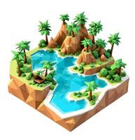 3D isometric low poly of a tropical island with the river, graced with minimalist low-polygon trees. illustration is a creative toolkit for designing in a distinctive style vector