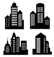 Landscape set of buildings silhouetted on white background. A black outline of low-rise and high-rise complexes and skyscrapers. Structural constructions placed urban objects vector