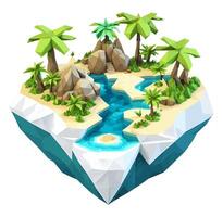 3D isometric low poly of a tropical island with the river, graced with minimalist low-polygon trees. illustration is a creative toolkit for designing in a distinctive style vector