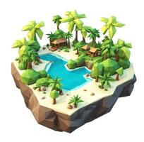 3D isometric low poly of a tropical island with the river, graced with minimalist low-polygon trees. illustration is a creative toolkit for designing in a distinctive style vector