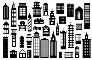 Landscape set of buildings silhouetted on white background. A black outline of low-rise and high-rise complexes and skyscrapers. Structural constructions placed urban objects vector