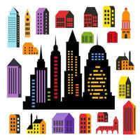 Landscape set of buildings silhouetted on white background. A black outline of low-rise and high-rise complexes and skyscrapers. Structural constructions placed urban objects vector