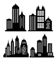 Landscape set of buildings silhouetted on white background. A black outline of low-rise and high-rise complexes and skyscrapers. Structural constructions placed urban objects vector