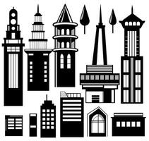 Landscape set of buildings silhouetted on white background. A black outline of low-rise and high-rise complexes and skyscrapers. Structural constructions placed urban objects vector