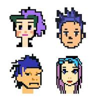 set pixel punk heads of people with different colored hair, various art styles, 8 bits graphics, icons in pictogram of male and fun people female faces vector