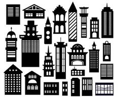 Landscape set of buildings silhouetted on white background. A black outline of low-rise and high-rise complexes and skyscrapers. Structural constructions placed urban objects vector