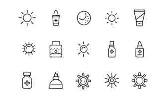 Sunscreen and uv protection concept editable stroke outline icons set isolated on white background flat illustration. Pixel perfect. 64 x 64 vector