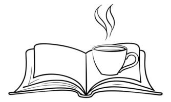 Open book cup of coffee one line continuous drawing art on white background vector