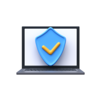 Laptop with security shield symbol. 3d data protection icon png