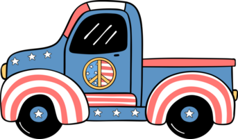 Retro Groovy 4th of July car truck Independence day festive cartoon doodle drawing png