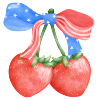 Coquette 4th of July Watercolor Illustration Red Strawberries with Stars and Stripes Ribbon Bow png