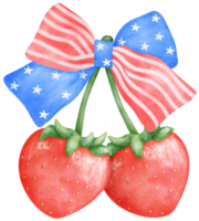 Coquette 4th of July Watercolor Illustration Red Strawberries with Stars and Stripes Ribbon Bow png