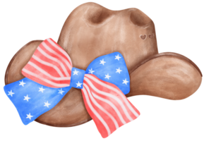 Coquette 4th of July Cowboy Hat Watercolor Illustration with Stars and Stripes Ribbon Bow png