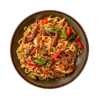 a top view plate of fried noodles with meats and vegetables isolated on a transparent background, png