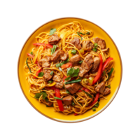 a top view plate of fried noodles with meats and vegetables isolated on a transparent background, png