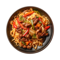 a top view plate of fried noodles with meats and vegetables isolated on a transparent background, png