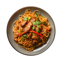 a top view plate of fried noodles with meats and vegetables isolated on a transparent background, png