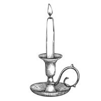 Candle Holder illustration. Vintage Candlestick. Old candleholder for painted by black inks in etching style. Drawing of antique lamp with candlelight for icon or logo. Vintage engraving vector