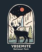 Silhouette deer in front of yosemite falls vintage design vector