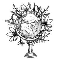 illustration of Globe with flowers. Hand drawn sketch of vintage model of earth on wooden stand. Drawing of retro map painted by black inks for science or education. Black linear sketch vector