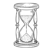 Hourglass illustration. Drawing of antique Sandglass painted by black inks in outline style. Hand drawn sketch of a vintage sand Clock. Etching of retro hour glass. Engraving of old timer vector