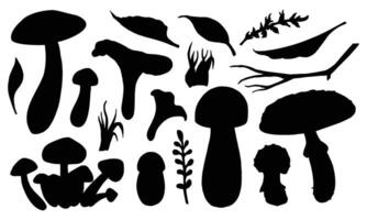 Mushrooms Silhouette set. Hand drawn illustration of fungus in black color. Drawing of boletus, fly agaric and forest leaves. Sketch of woodland porcini and champignons group vector