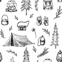 Camping seamless Pattern. hiking illustration on isolated background. Linear print with traveling tent, campfire and trees. Map of landscape for journey. Drawing for wrapping paper vector