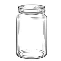 Glass Jar illustration. Etching of transparent Bottle with cork painted by black inks in line art style. Drawing of empty container on isolated background. Sketch of vintage kitchen utensils vector