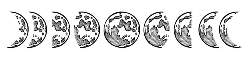 Moon Phases set. illustration of full Luna and crescent. Hand drawn lunar cycle on isolated background. Bundle of celestial elements painted by black inks. Moonlight sketch for border vector