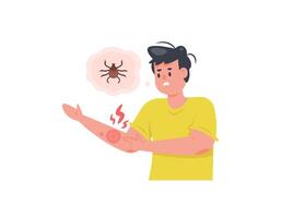 Lyme enfermedad. un hombre con un rojizo erupción en el piel de su brazos. un enfermedad causado por bacterias transmitido por el mordedura de un ciervo garrapata. salud problemas. plano estilo personaje ilustración diseño. gráfico vector