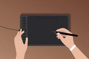 cartoon illustration of a graphic tablet of close hands, a girl holds a stylus and draws on a graphic tablet close-up. vector