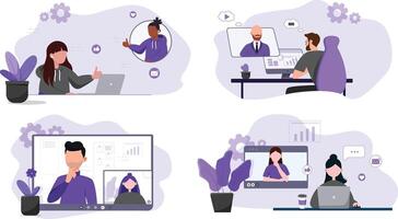 Set of flat illustrations remote work, zoom conference, meeting, online conference. Feedback from employees and managers. Illustrations in purple and gray colors. vector