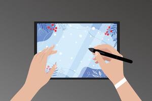 cartoon illustration close-up of a tablet, a woman's hand holds a stylus and draws on a tablet close-up winter background from above. Designer at work digital illustration vector